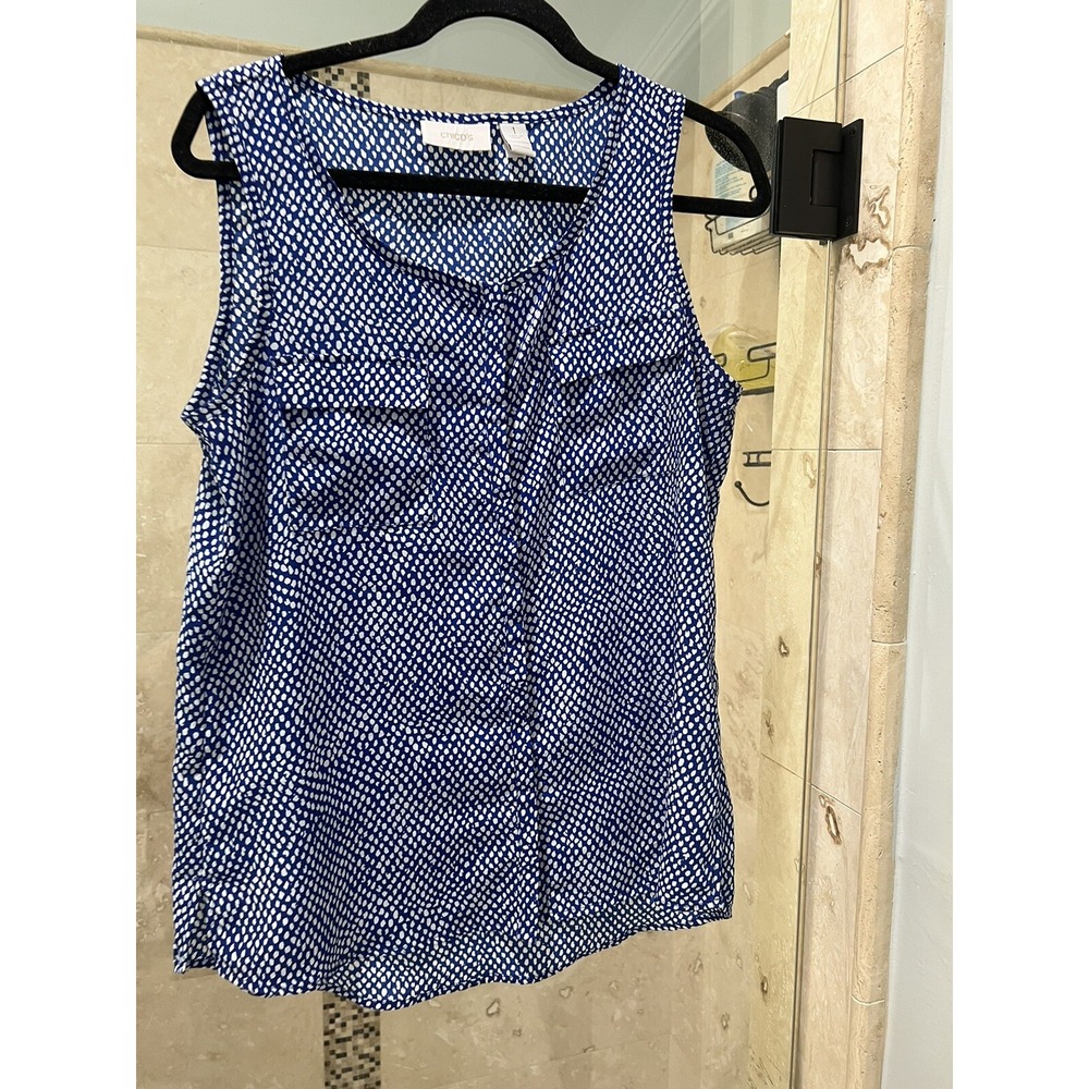 Chico's 1 Medium 8 Sleeveless Button Front Blouse Blue White Dot Print Tank
